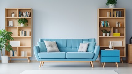 blue sofa with pillows and bookcase, blue wall, minimalist interior design living room