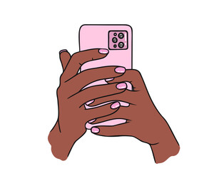 phone in hand of American or African woman. Vector Illustration for printing, backgrounds and packaging. Image can be used for greeting cards, posters and stickers. Isolated on white background.