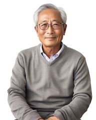 メガネのやさしそうなおじさん、日本の老人のポートレート　A kind middle-aged Japanese man. Portrait on a white background. he has white hair.Generative AI