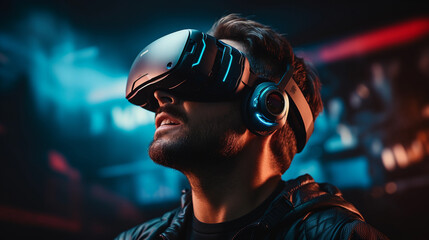 Man wear VR Glasses in metaverse world futuristic technology concept - obrazy, fototapety, plakaty
