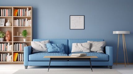 blue sofa with pillows and bookcase, blue wall, minimalist interior design living room