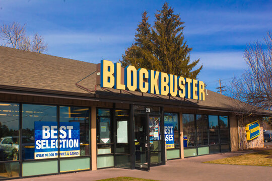 Oregon, USA 3/25/2019: The last Blockbuster store in the USA. The store is shown on the inside and also on the outside from the parking lot. Blockbuster LLC, formerly Blockbuster Entertainment, Inc.