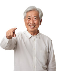 中年のおじさんが指を指している、日本の老人のポートレート　A 60-year-old Japanese man is smiling and pointing. white background.Generative AI - obrazy, fototapety, plakaty