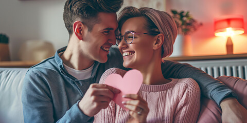 Portrait of Couple holding paper heart and Happy smiling couple in love celebrating their relationship anniversary or valentine's day at home. Couple love moments happiness and valentine's day concept - obrazy, fototapety, plakaty