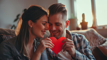 Portrait of Couple holding paper heart and Happy smiling couple in love celebrating their relationship anniversary or valentine's day at home. Couple love moments happiness and valentine's day concept