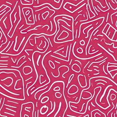 Fototapeta na wymiar Fun pink line doodle seamless pattern. Creative abstract squiggle style drawing background for children or trendy design with basic shapes. Simple childish scribble wallpaper print
