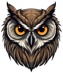 The image is a detailed graphic illustration of an owl's face with intense orange eyes, set against a black background.