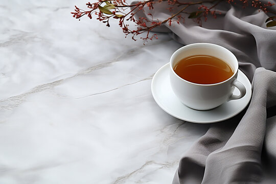 Generative AI Image of Tea Drink in Cup with Blank Space on White Marble Background
