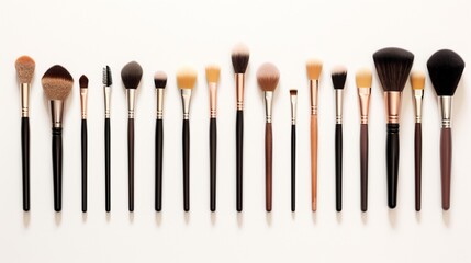 A collection of makeup brushes and tools neatly arranged on a clean white surface.