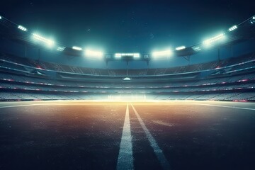 Nighttime sports backdrop Stadium football cricket blurred 3D lighting background - obrazy, fototapety, plakaty