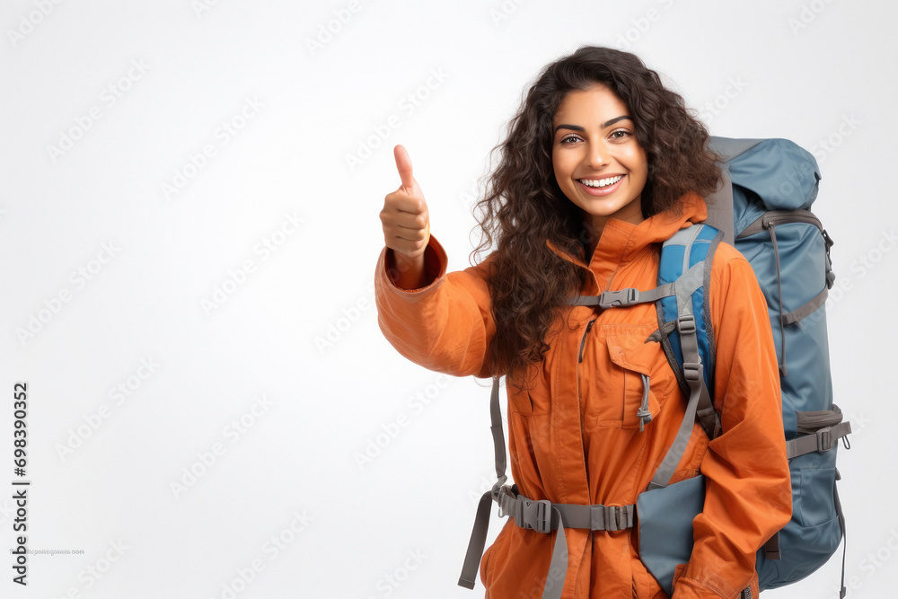 Wall mural Young indian hiker girl showing thumps up on white background