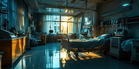 Fotobehang recovery ICU intensive care unit room ward with life support at hospital medical care emergency, biometrics © sirisakboakaew