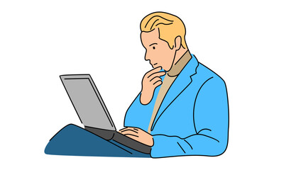 Fototapeta na wymiar line art color illustration of man at his desk is working on the laptop computer