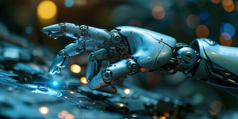 robot finger pointing with information datum and connection hologram for futuristic robotic artificial