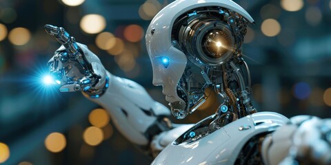 robot finger pointing with information datum and connection hologram for futuristic robotic artificial