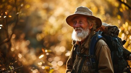 Naklejka premium Smiling elderly man with backpack traveling and discovering new places and cultures. Happy retirement, travel, rest, travel, good health.