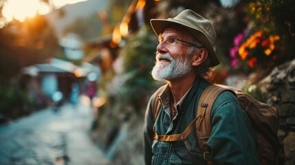 Smiling elderly man with backpack traveling and discovering new places and cultures. Happy retirement, travel, rest, travel, good health.