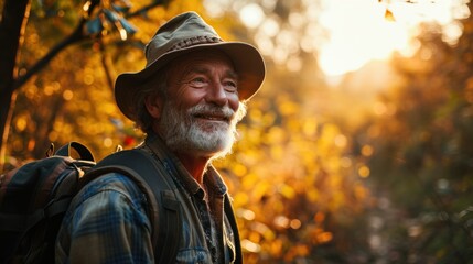 Smiling elderly man with backpack traveling and discovering new places and cultures. Happy retirement, travel, rest, travel, good health.