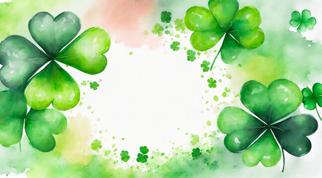 St Patrick's Day lucky shamrock clover circular frame, watercolor effect