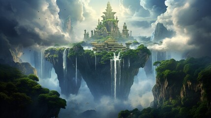 A colossal floating island surrounded by cascading waterfalls, shrouded in mystical clouds. - obrazy, fototapety, plakaty