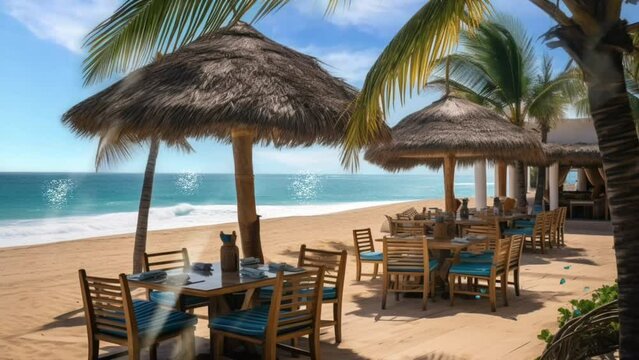 Beautiful beach view with restaurant on the beach. seamless looping  time-lapse virtual video animation background