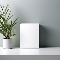 the layout of a book in a modern minimalist interior with a plant on a white wall background	