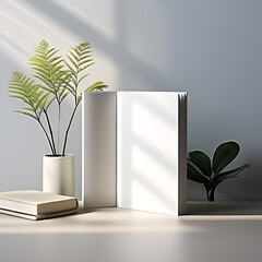 the layout of a book in a modern minimalist interior with a plant on a white wall background	