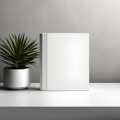 the layout of a book in a modern minimalist interior with a plant on a white wall background	