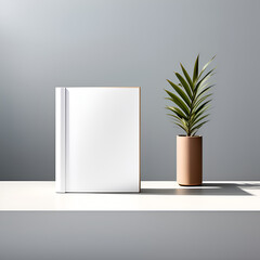 the layout of a book in a modern minimalist interior with a plant on a white wall background	