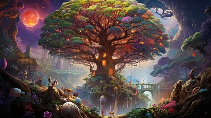 A colossal tree of life in a fantastical jungle, with vibrant flora and fauna thriving in harmony.