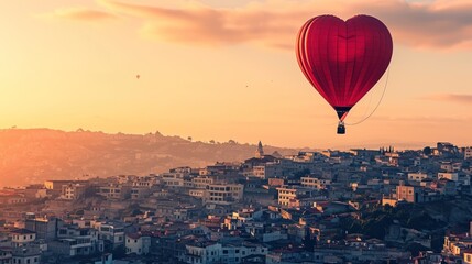 A heart-shaped hot air balloon soaring over a diverse city