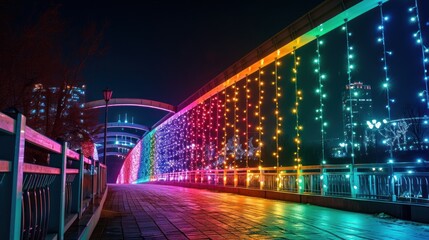 Fototapeta na wymiar A bridge covered in rainbow lights, symbol of connection and diversity.