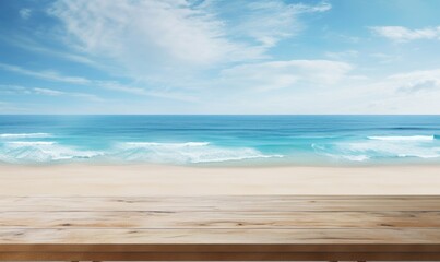 Table wood desk of space and summer beach landscape. Empty wooden table. Empty wood table over blue sea, beach background in summer day. With copy space for your product - obrazy, fototapety, plakaty