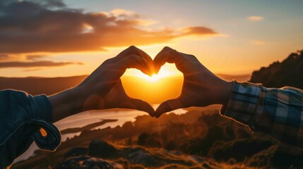 A couple's hands forming a heart shape over a sunset, shared moments. - obrazy, fototapety, plakaty