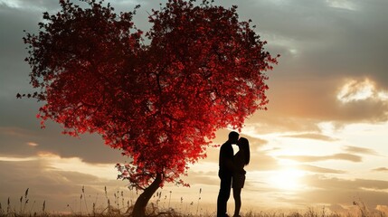 A couple's silhouette kissing under a heart-shaped tree