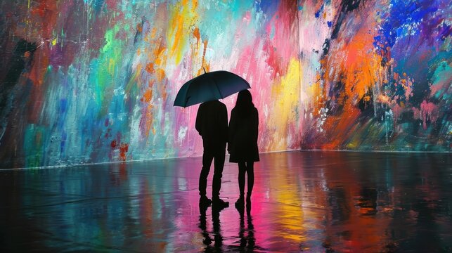 A couple sharing an umbrella in a colorful rain, togetherness in adversity.