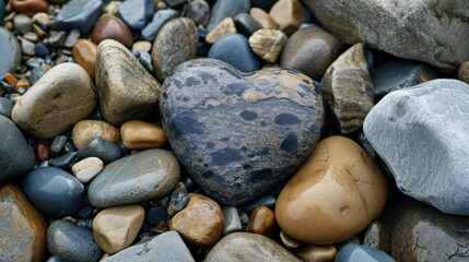 A heart-shaped rock among other stones, unique love in nature.