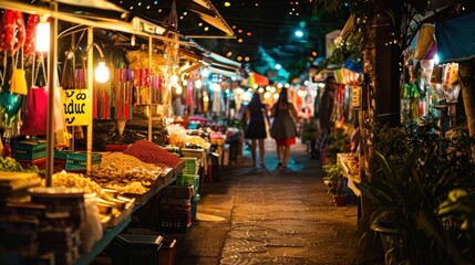 A lively street market at night with colorful lights and local crafts