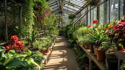 Fototapeta na wymiar A lush greenhouse filled with exotic plants and vibrant flowers