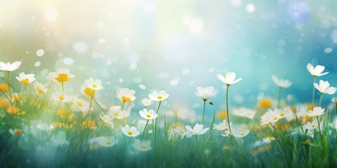 meadow of flowers. Beautiful floral spring abstract background. nature summer background meadow of flowers. Bright spring Easter background - obrazy, fototapety, plakaty