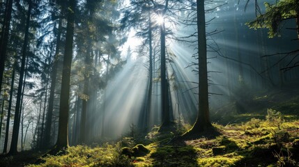 A misty forest with sunbeams breaking through the trees, creating a mystical ambiance