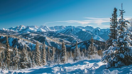 A panoramic winter landscape with snow-covered mountains, trees, and a clear blue sky