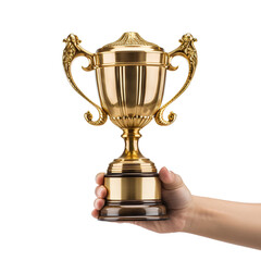 Fototapeta na wymiar Hand holding trophy cup, isolated on transparent background, PNG, 300 DPI 
