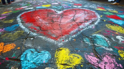 Heart-shaped chalk art on a multicultural urban street