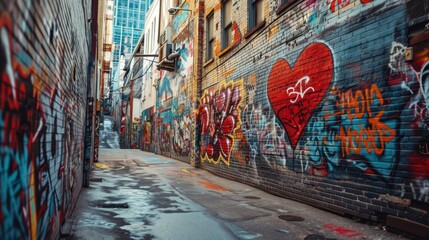 Heart-shaped graffiti art on a diverse urban alleyway
