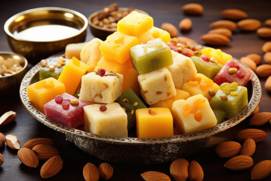 Various flavor indian sweets in plate