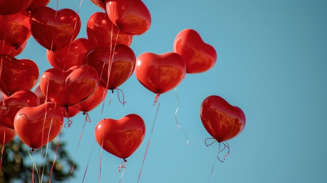 Heart-shaped red balloons in a clear blue sky - Powered by Adobe