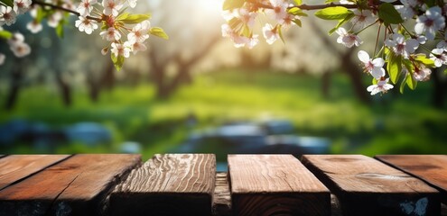 A Table Amidst Trees in Full Bloom, with a Defocused Sunny Garden in the Background. Made with Generative AI Technology