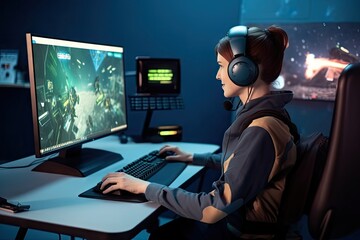 professional gamer playing winning space shooter online video game powerful computer pro esports player streaming cyber performing gaming tournament cyberspace using network wireless - obrazy, fototapety, plakaty