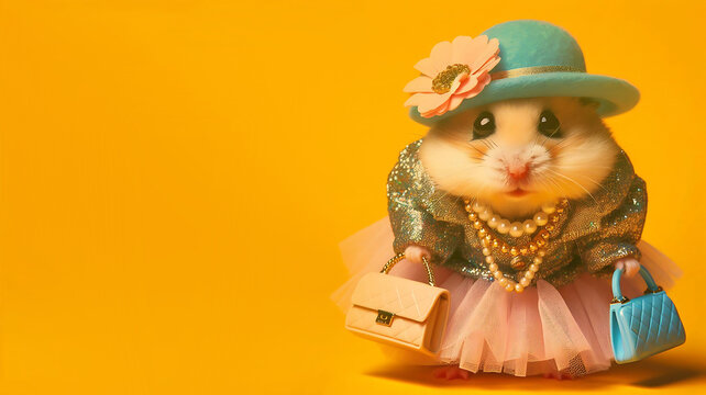 Beautiful  dacorated Hamster dancing in tutu skirt on yellow background, generative ai